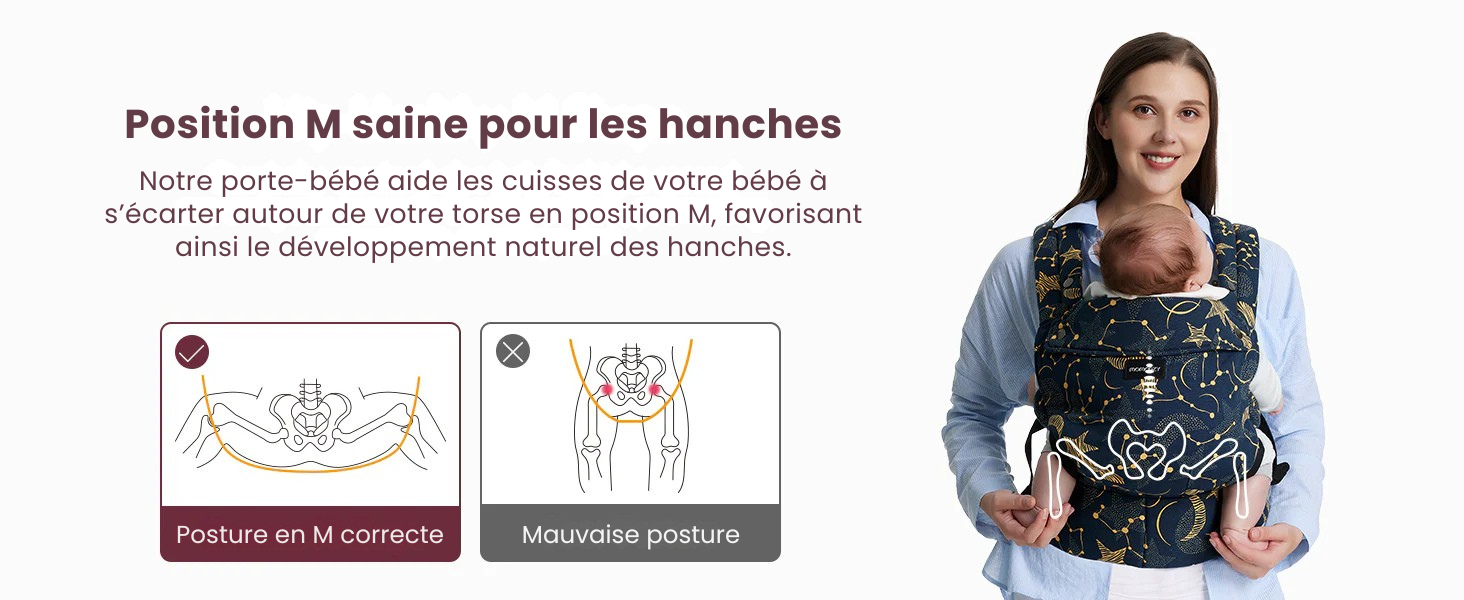 Porte-bébé bébé posture en M favorisant le développement naturel des hanches